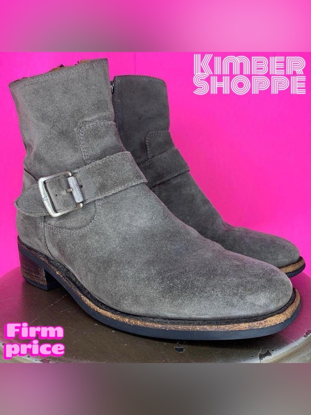 Frye Hannah Engineer Gray Suede Side Buckle Moto Ankle Boots US 6.5 UK 4.5 EU 37